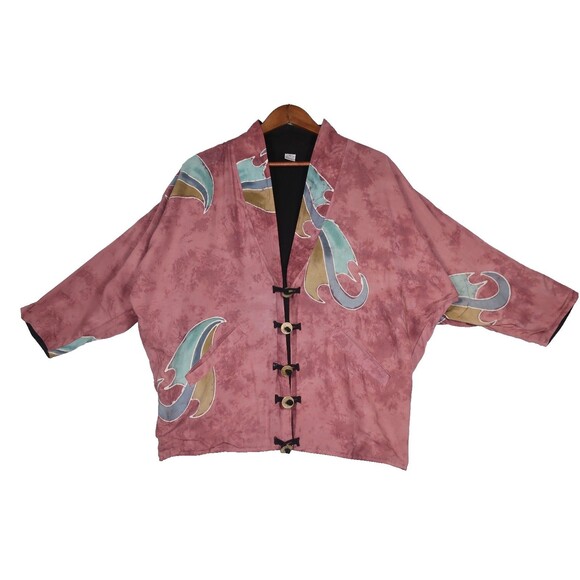 Batik Indonesian Artsy Jacket Art to Wear  Boho 100% Rayon Pink Umbrellas Coin S - Picture 3 of 9